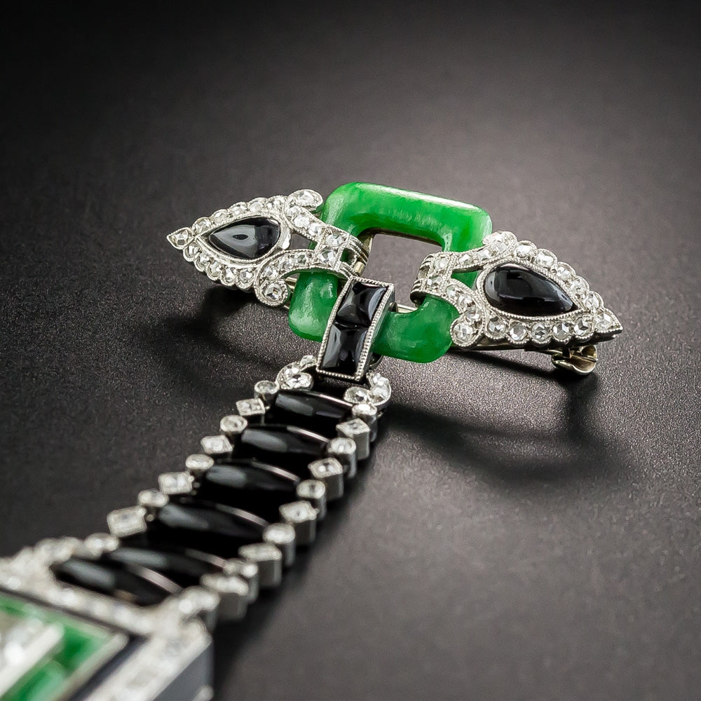 Art Deco Diamond, Jade, and Black Onyx Lapel Watch - 6