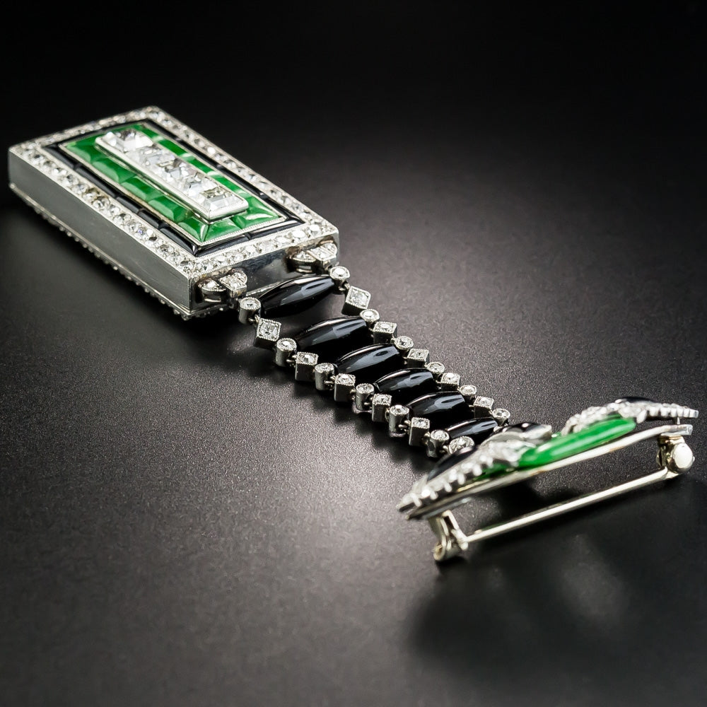 Art Deco Diamond, Jade, and Black Onyx Lapel Watch - 7