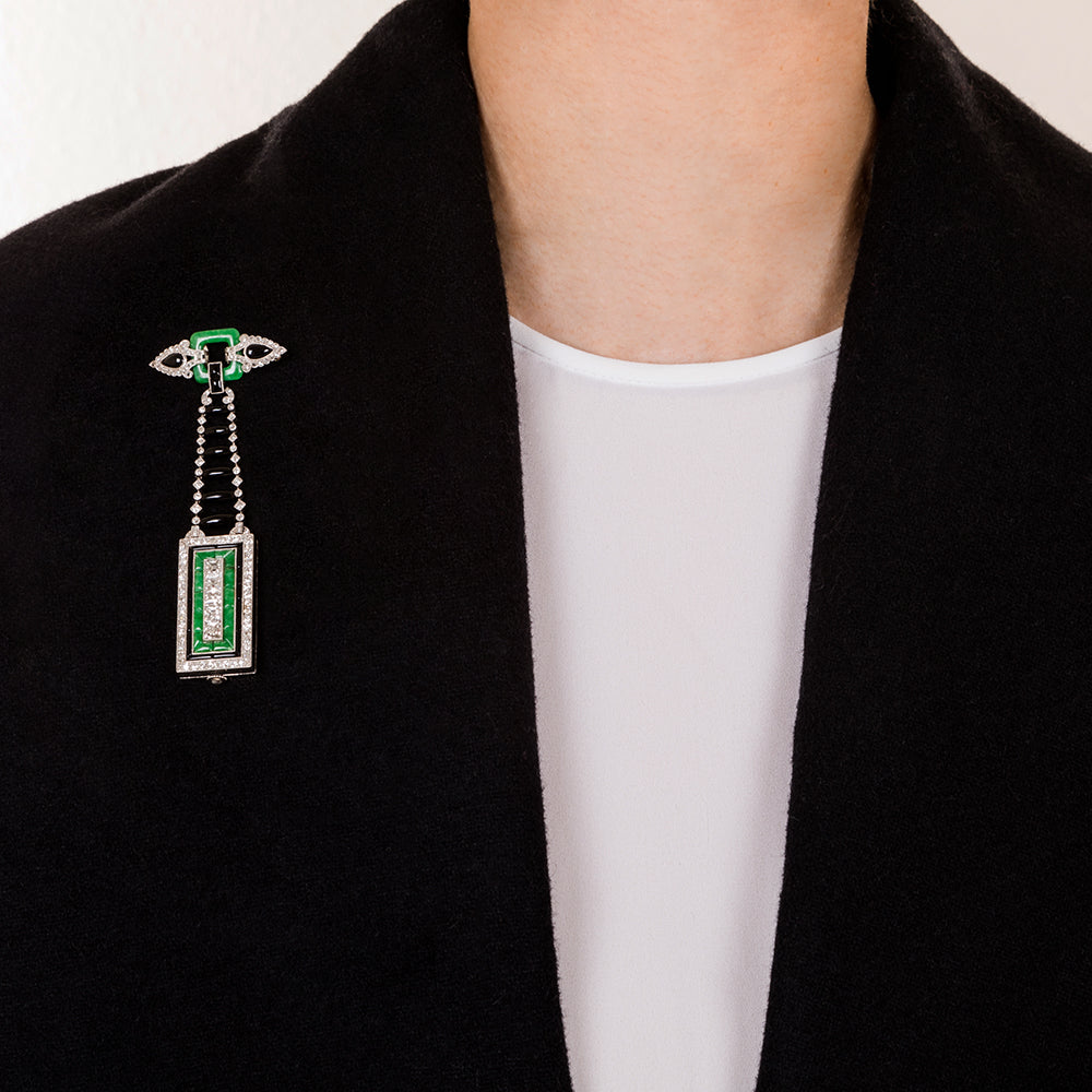 Art Deco Diamond, Jade, and Black Onyx Lapel Watch - 8