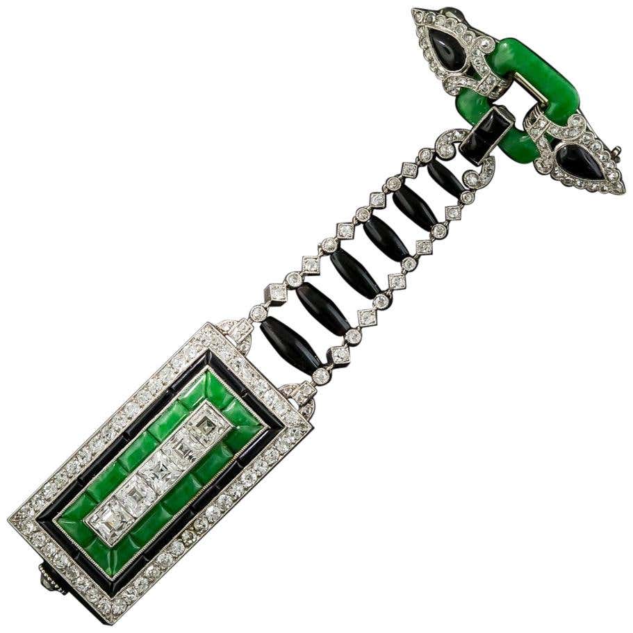 Art Deco Diamond, Jade, and Black Onyx Lapel Watch - 3