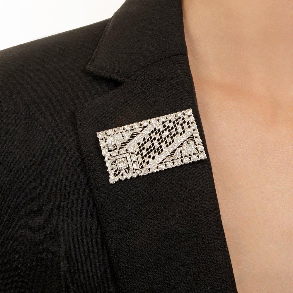 Art Deco Diamond Platinum Lattice Brooch - 4