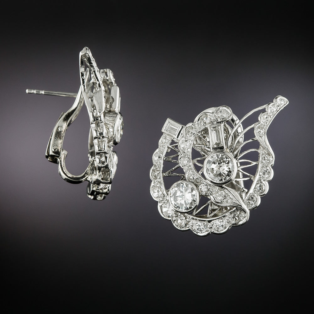 Art Deco Diamond Platinum Leaf Earrings - 2