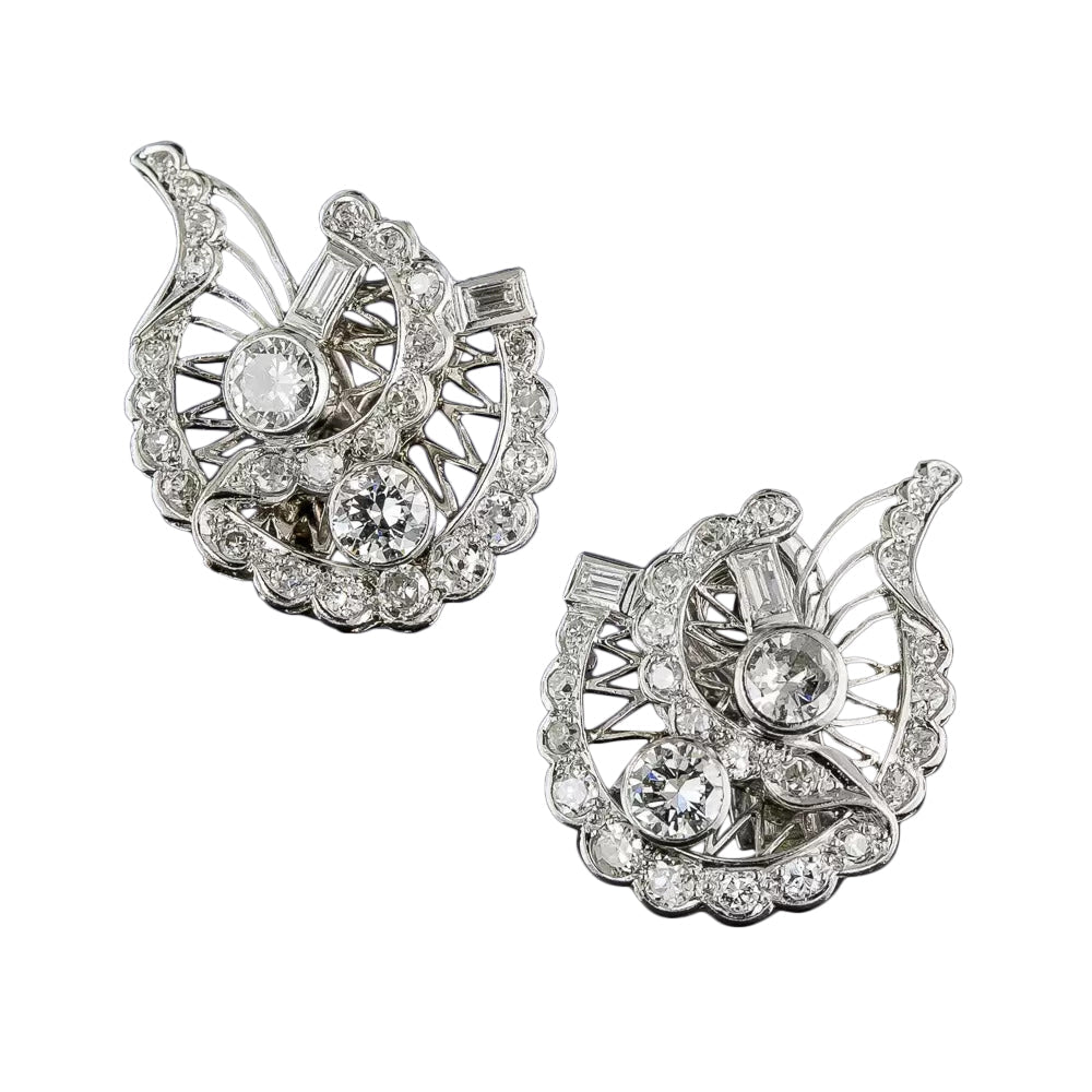 Art Deco Diamond Platinum Leaf Earrings - 4