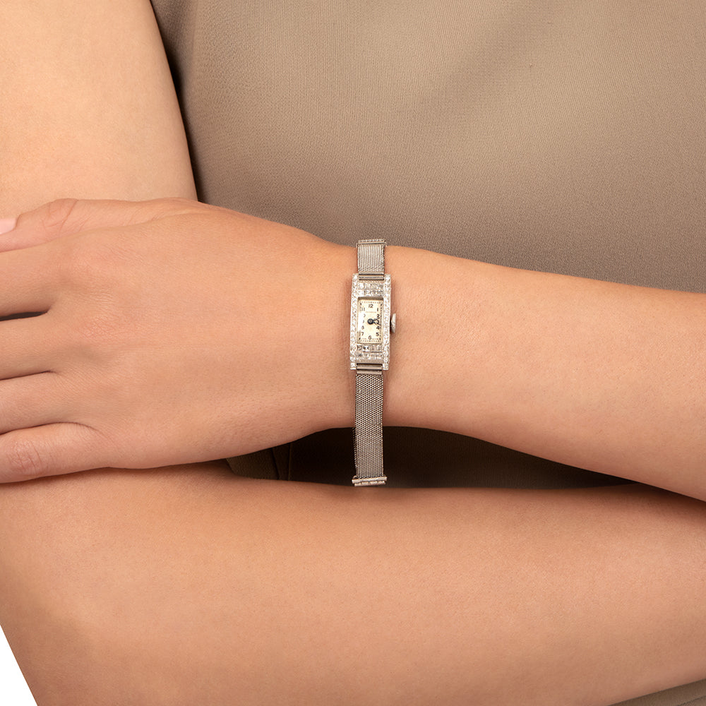 Art Deco Diamond Platinum Mesh Bracelet Watch - 5