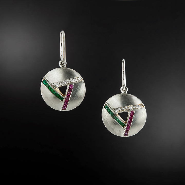 Art Deco Diamond, Ruby and Emerald Glass Earrings