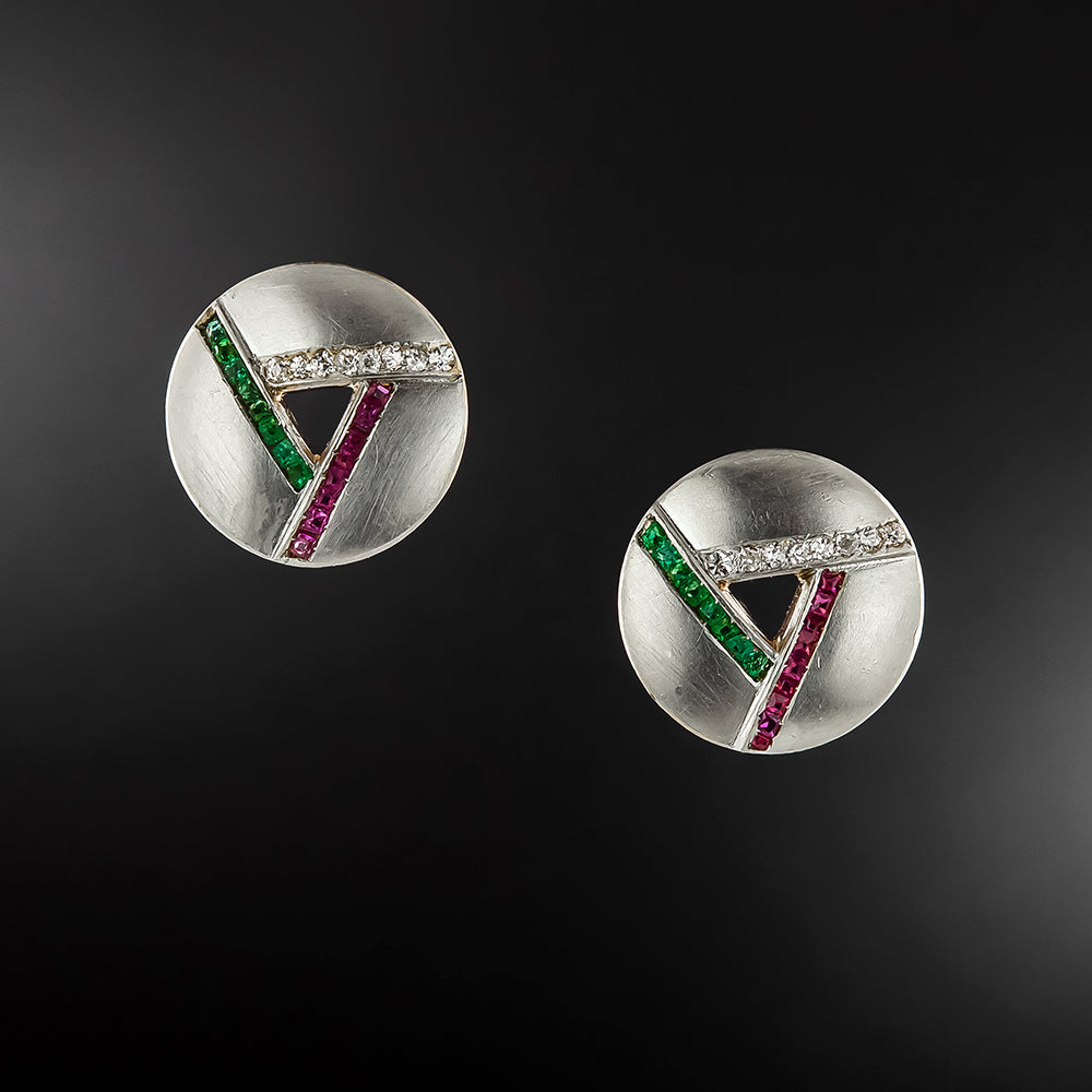 Art Deco Diamond, Ruby and Emerald-Green Glass* Stud Earrings - 1