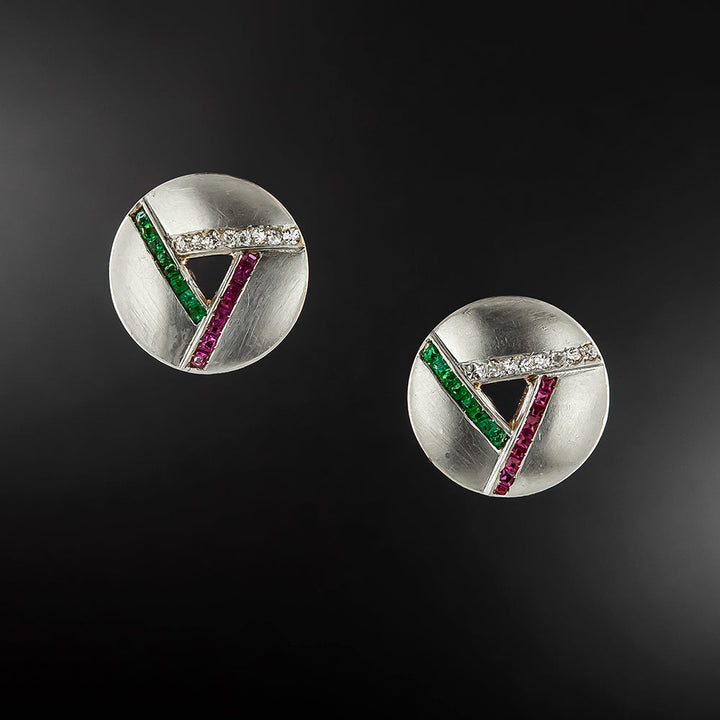 Art Deco Diamond, Ruby and Emerald-Green Glass* Stud Earrings