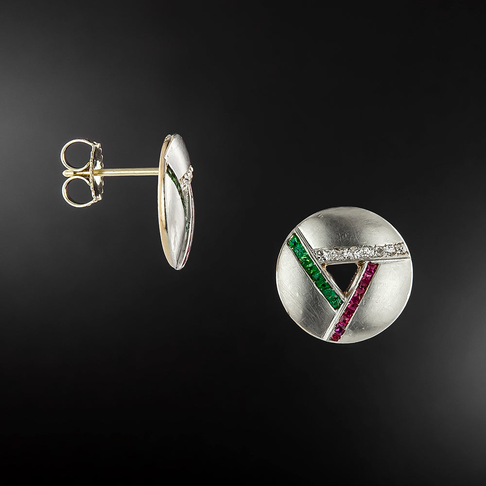 Art Deco Diamond, Ruby and Emerald-Green Glass* Stud Earrings - 2