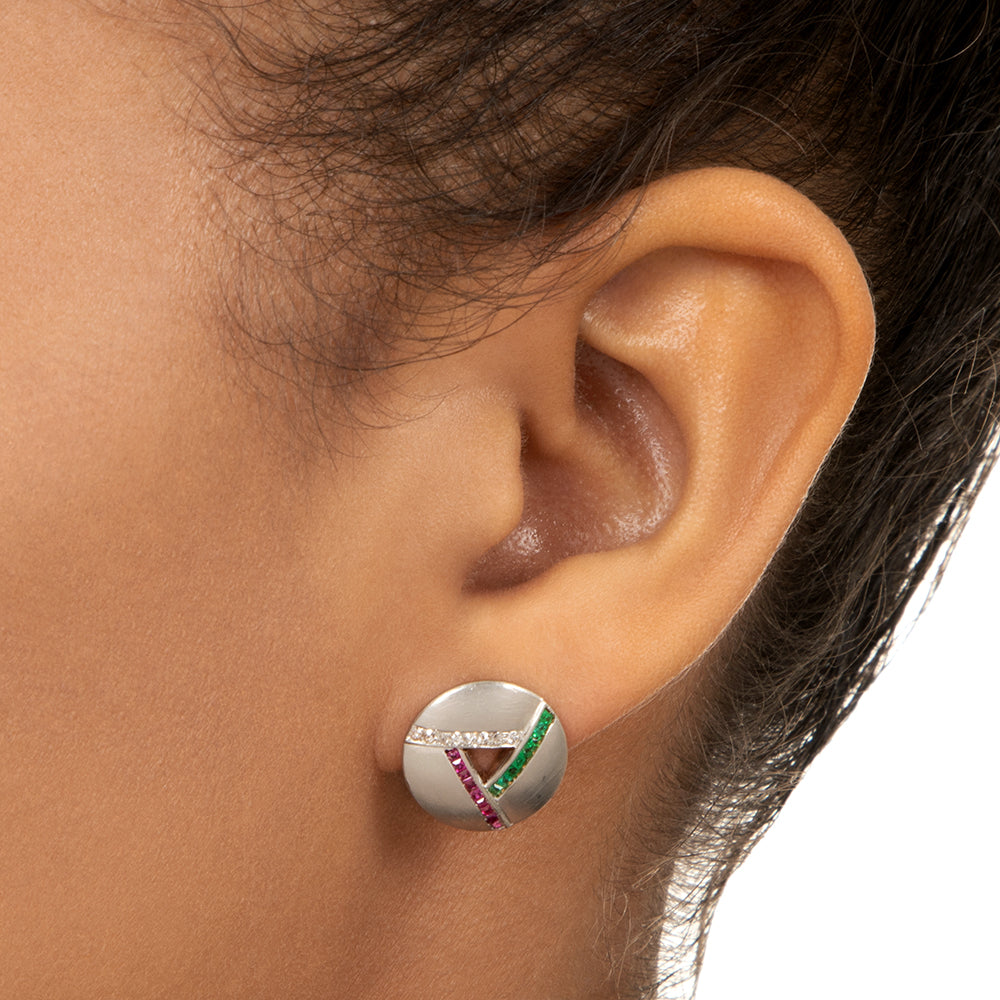 Art Deco Diamond, Ruby and Emerald-Green Glass* Stud Earrings - 3