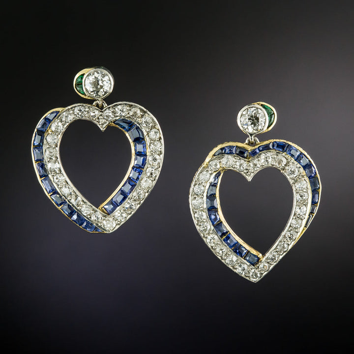 Art Deco Diamond, Sapphire and Emerald Heart Earrings