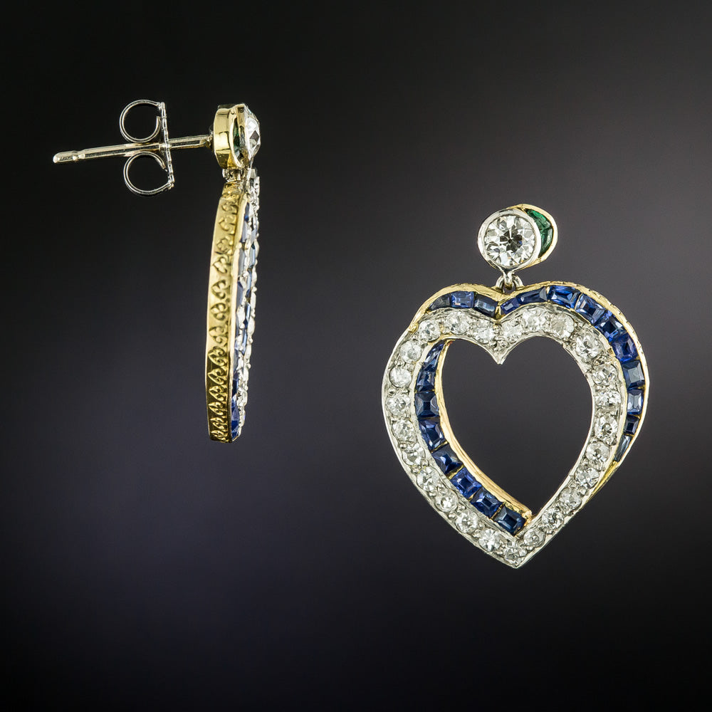 Art Deco Diamond, Sapphire and Emerald Heart Earrings - 3