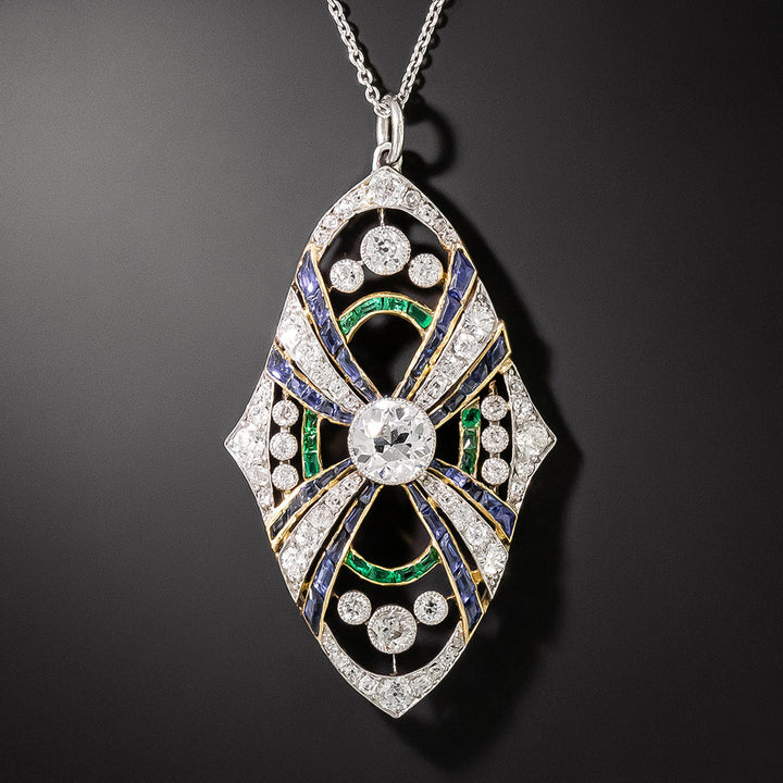 Art Deco Diamond, Sapphire and Emerald Pendant
