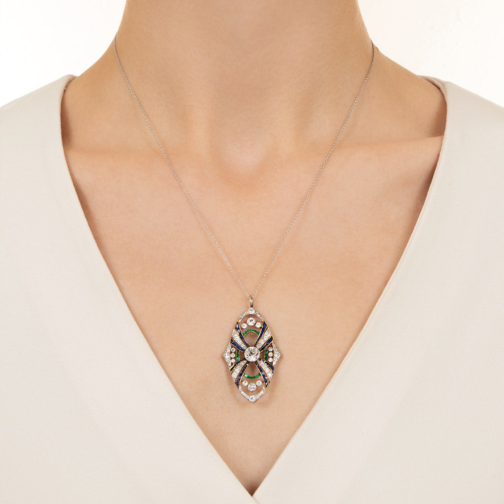 Art Deco Diamond, Sapphire and Emerald Pendant - 4