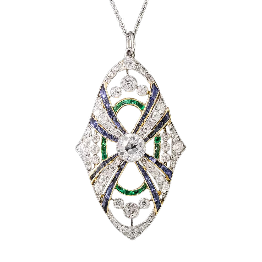 Art Deco Diamond, Sapphire and Emerald Pendant - 2
