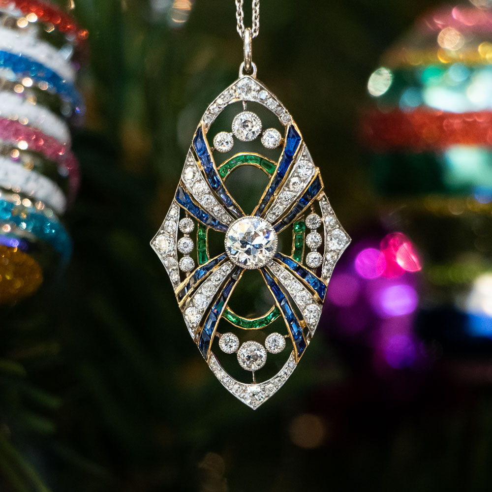 Art Deco Diamond, Sapphire and Emerald Pendant - 4