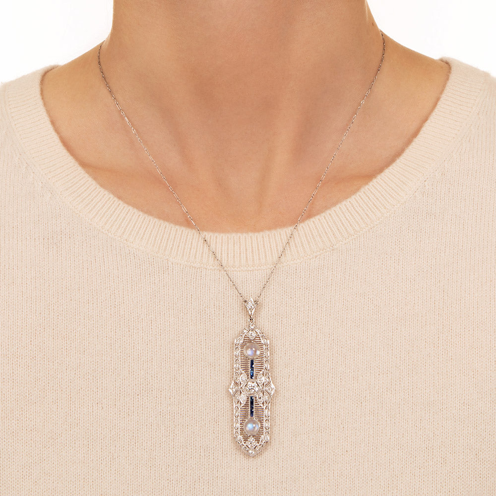 Art Deco Diamond, Sapphire and Moonstone Filigree Pendant Necklace - 3