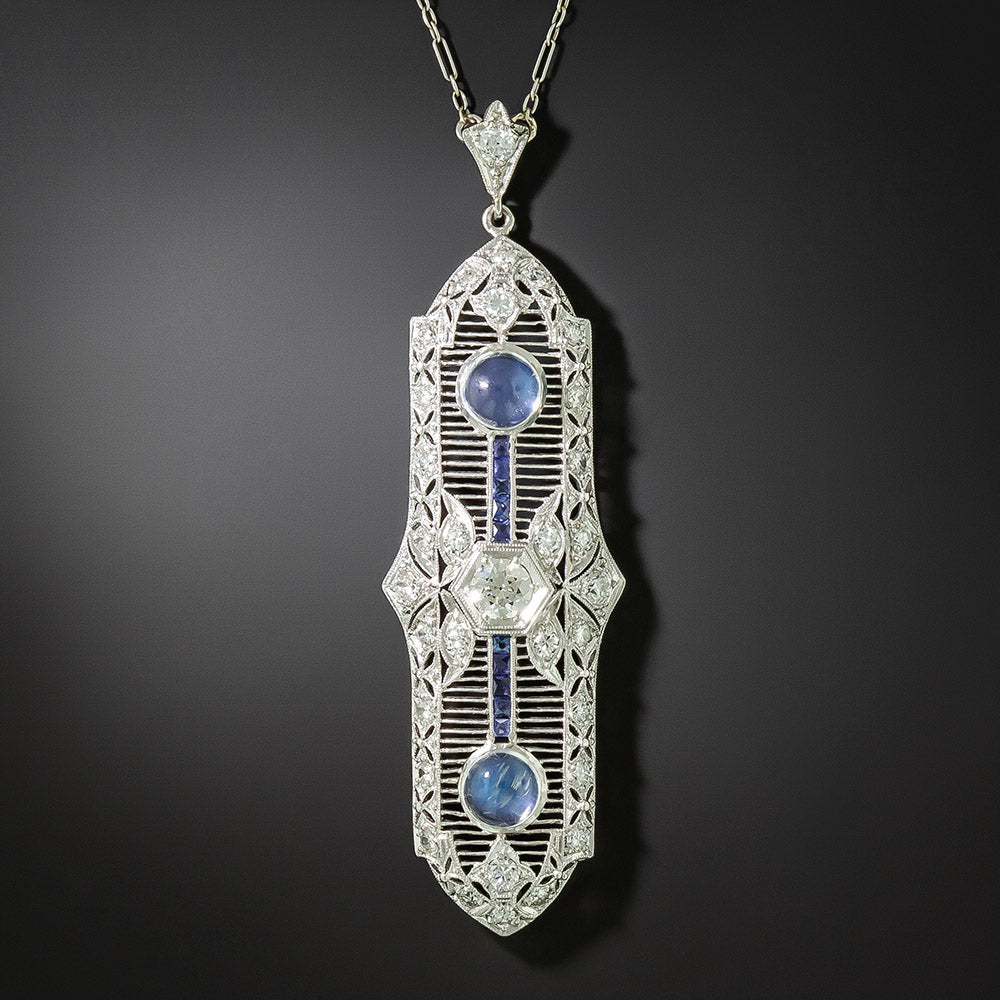 Art Deco Diamond, Sapphire and Moonstone Filigree Pendant Necklace - 2