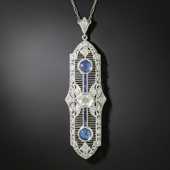 Art Deco Diamond, Sapphire and Moonstone Filigree Pendant Necklace
