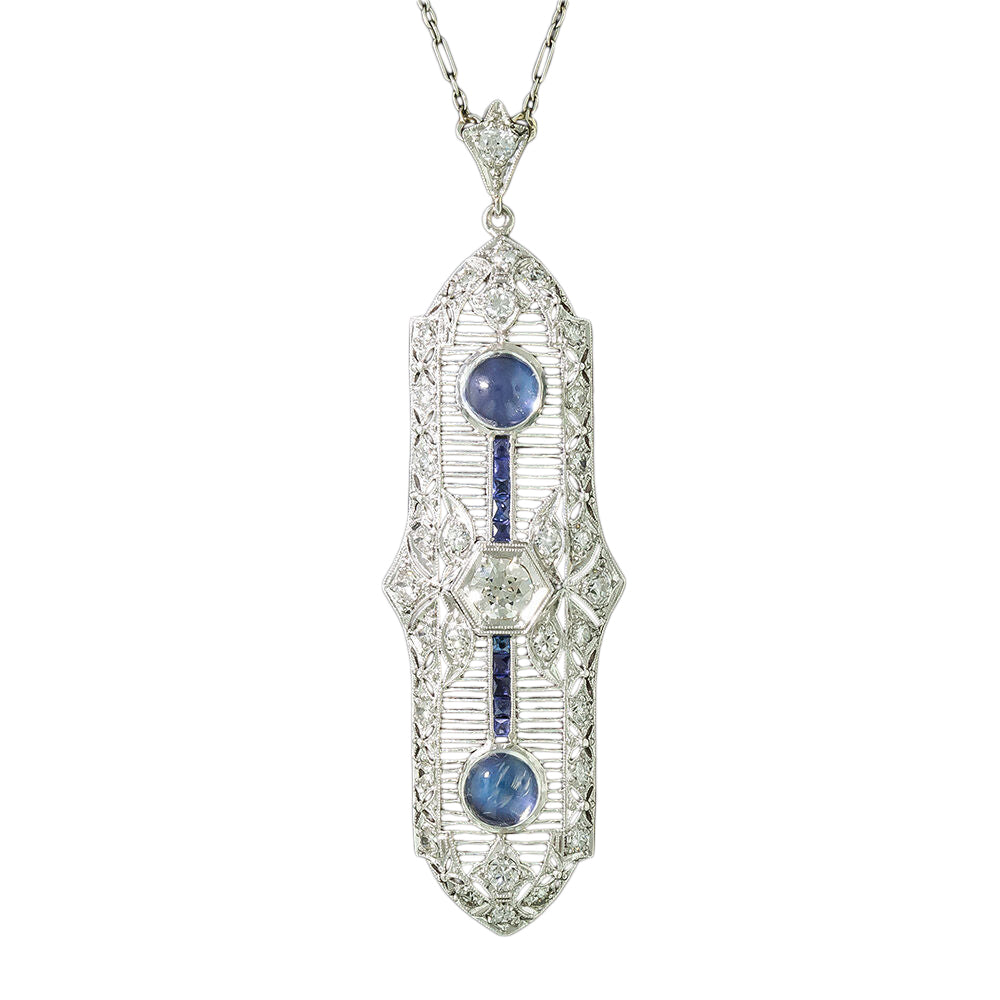 Art Deco Diamond, Sapphire and Moonstone Filigree Pendant Necklace - 3