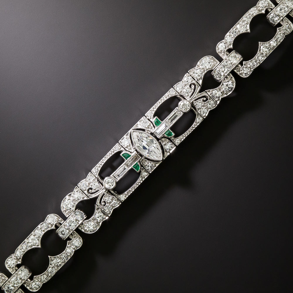 Art Deco Emerald-Accented Diamond Link Bracelet - 2
