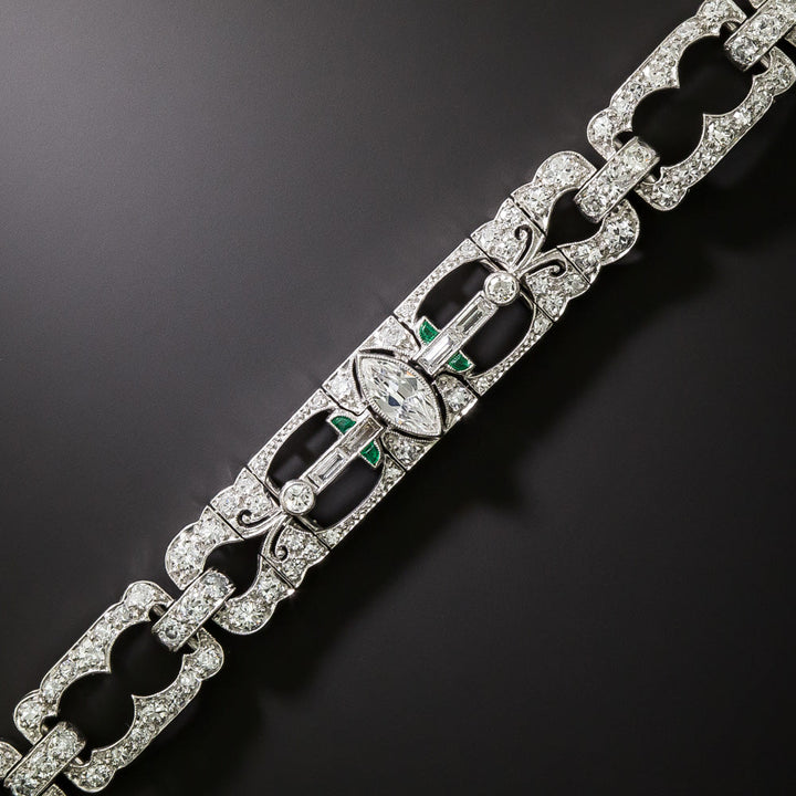 Art Deco Emerald-Accented Diamond Link Bracelet