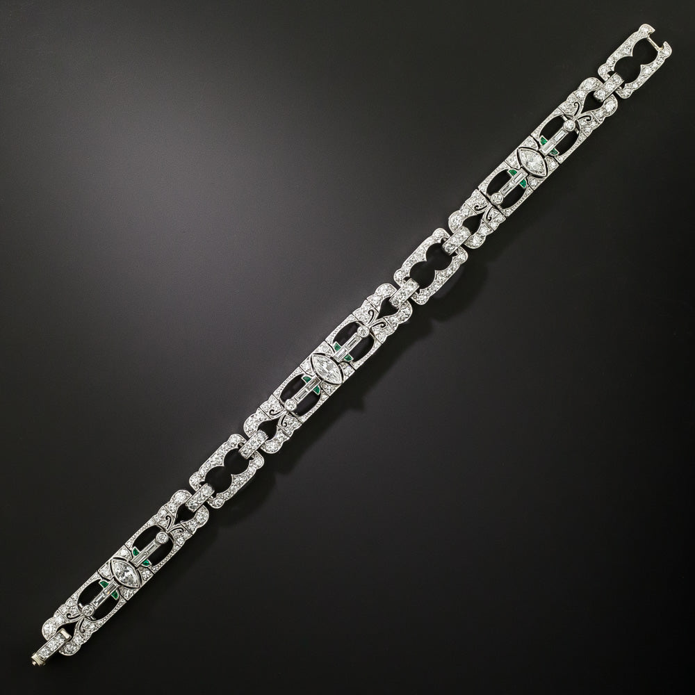 Art Deco Emerald-Accented Diamond Link Bracelet - 3
