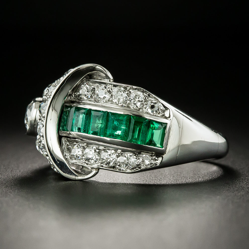 Art Deco Emerald and Diamond Buckle Style Ring - 4
