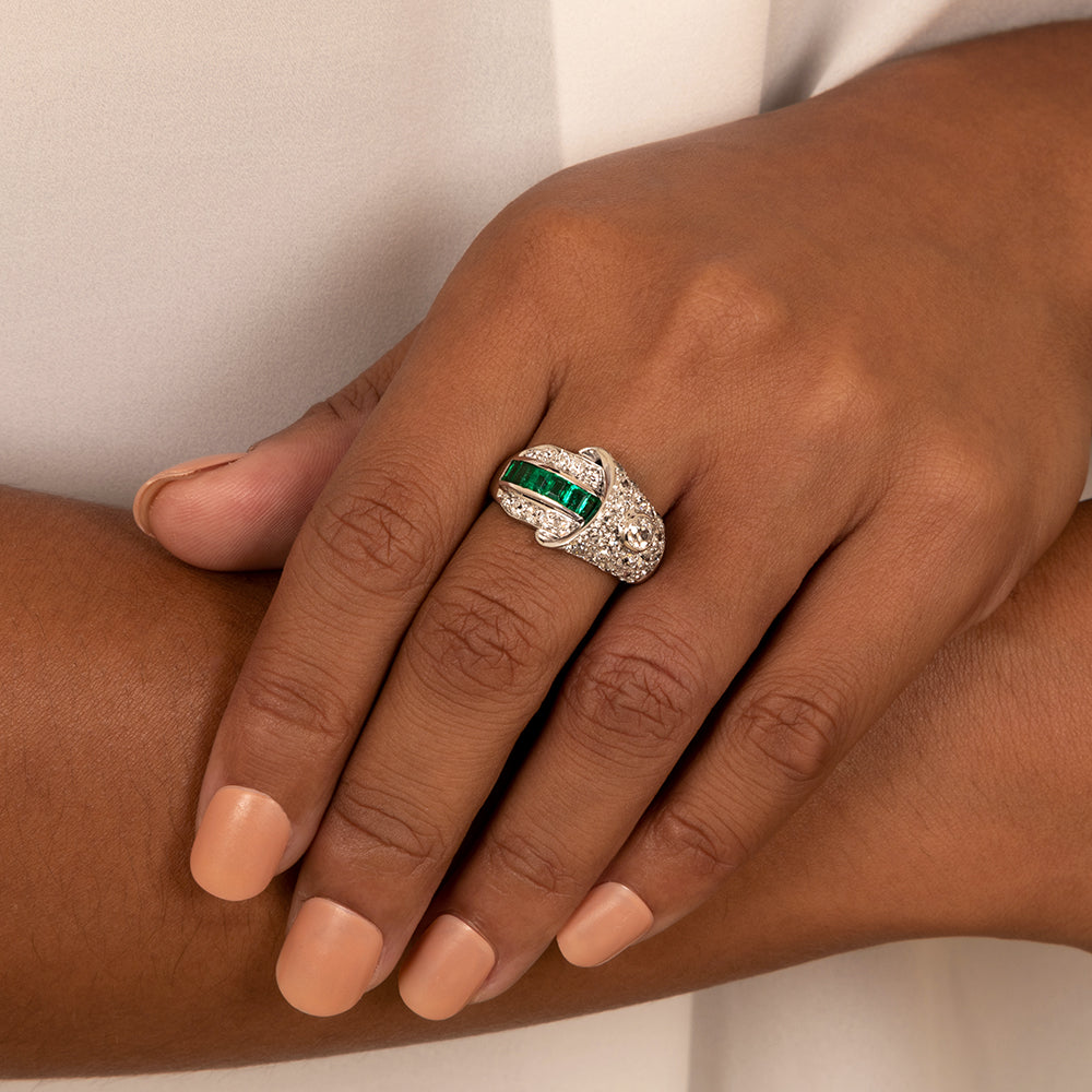 Art Deco Emerald and Diamond Buckle Style Ring - 6