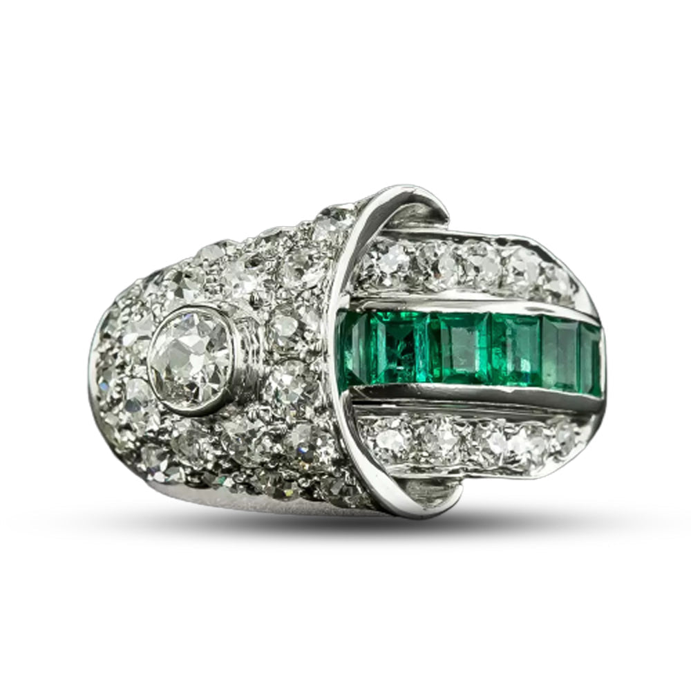 Art Deco Emerald and Diamond Buckle Style Ring - 6