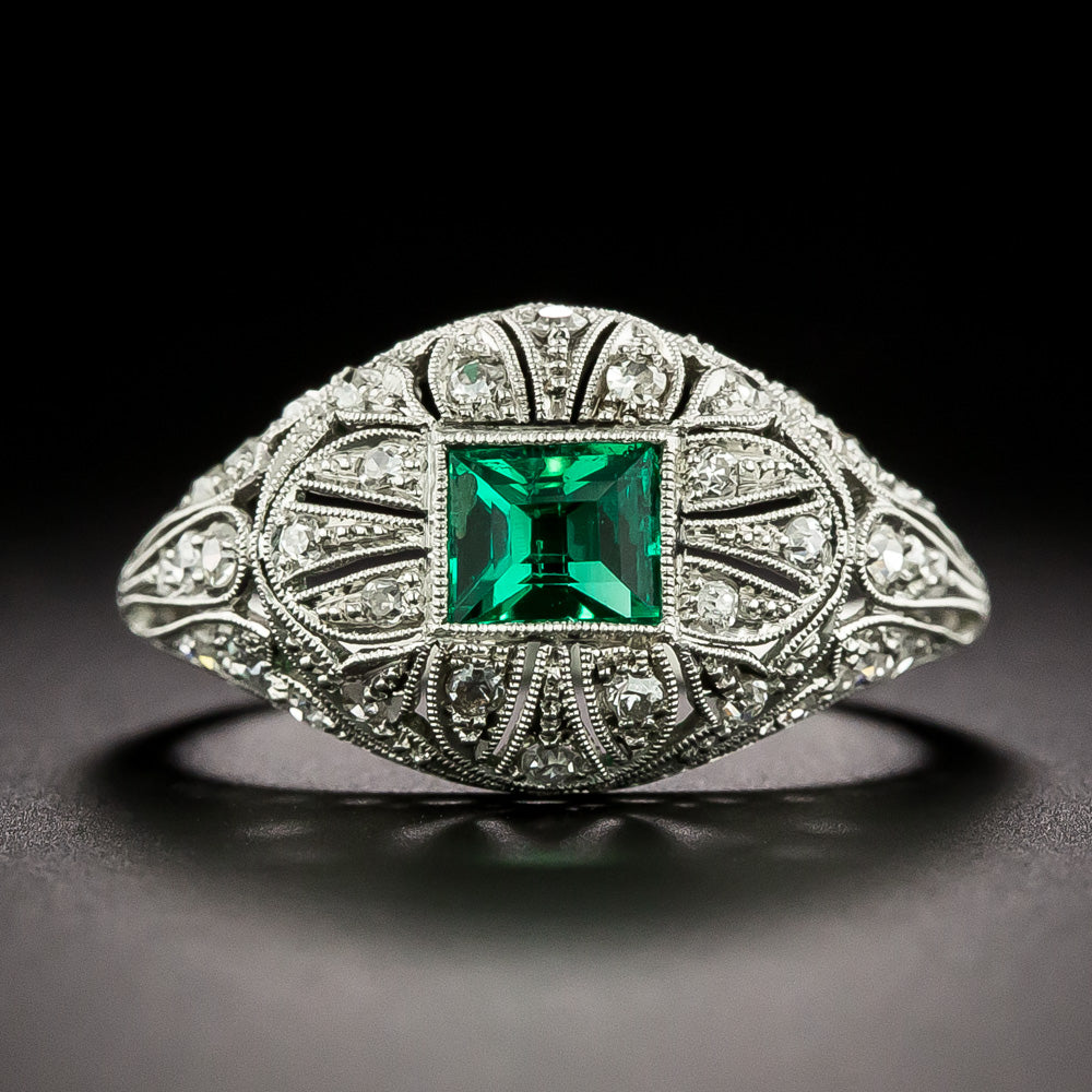 Art Deco Emerald and Diamond Domed Ring - 3
