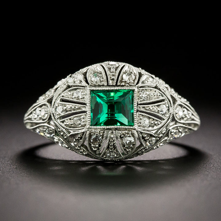 Art Deco Emerald and Diamond Domed Ring