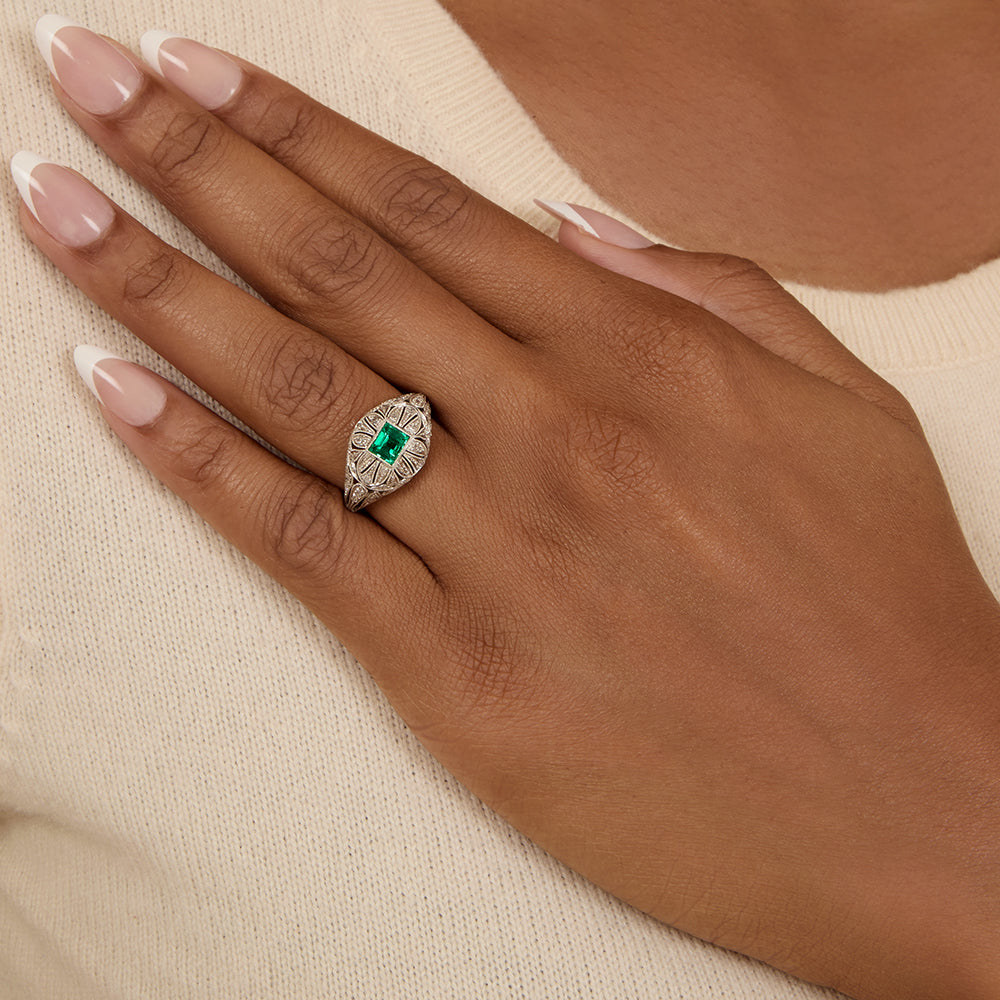 Art Deco Emerald and Diamond Domed Ring - 6