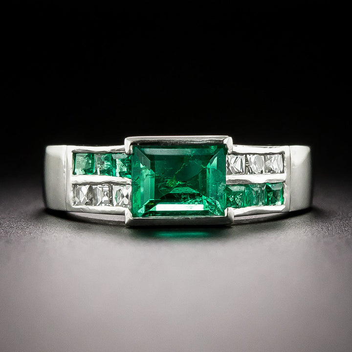 Art Deco Emerald and Diamond Geometric Ring, Size 5 3/4