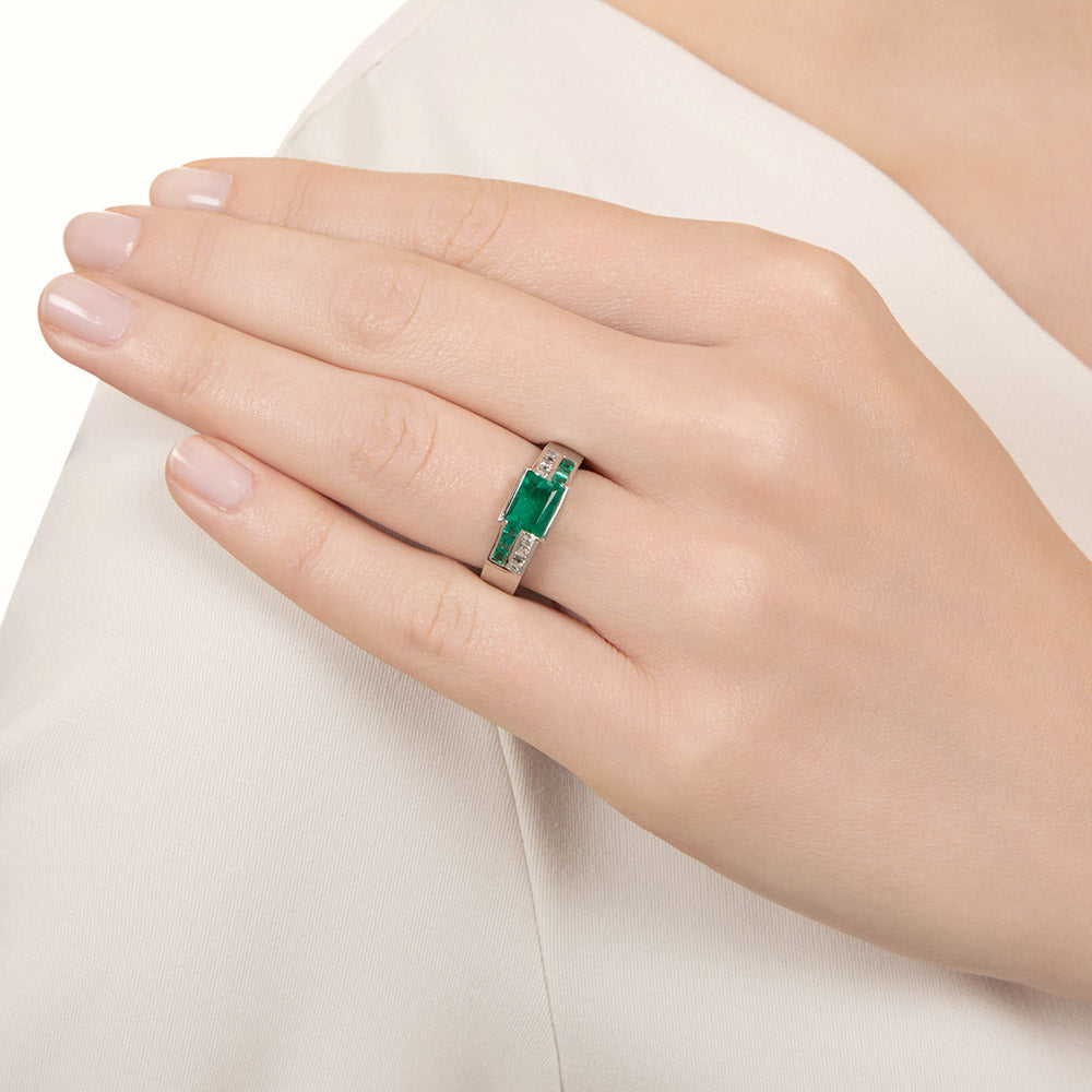 Art Deco Emerald and Diamond Geometric Ring, Size 5 3/4 - 6