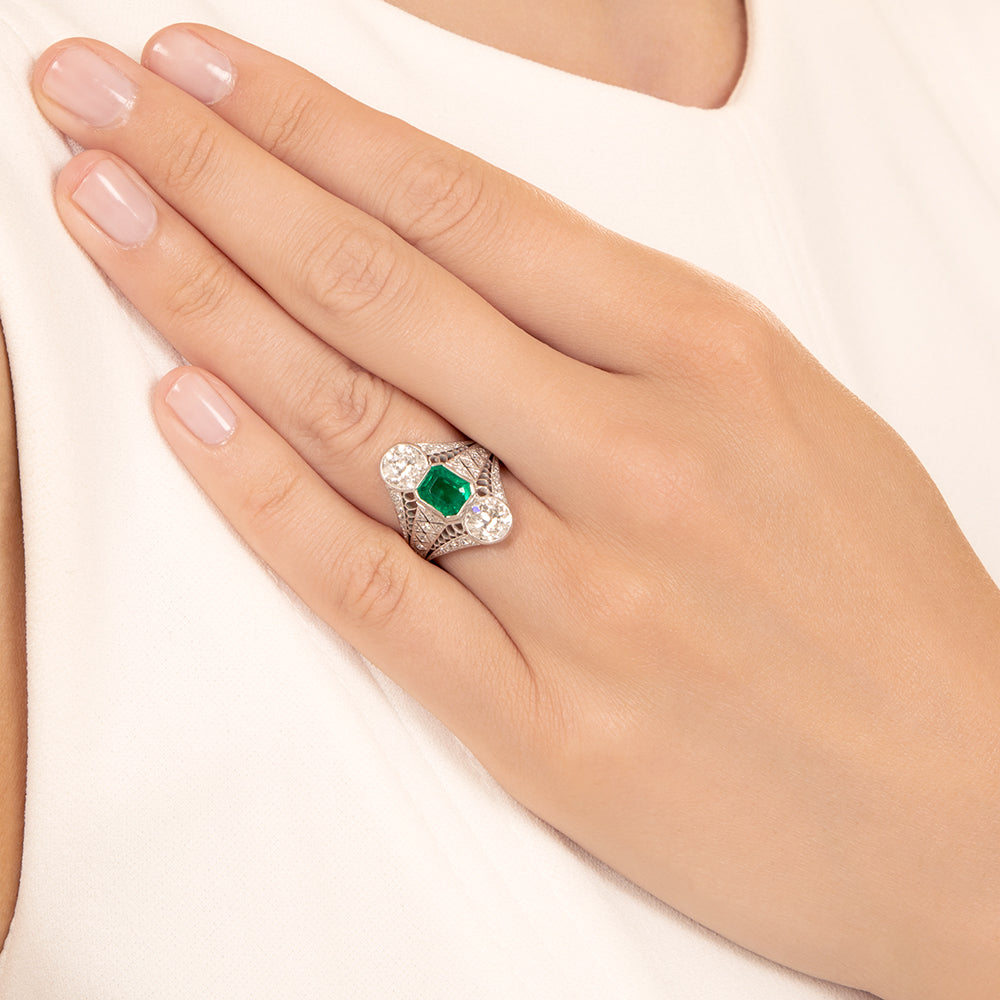 Art Deco Emerald and Diamond Three-Stone Dinner Ring - GIA - 3