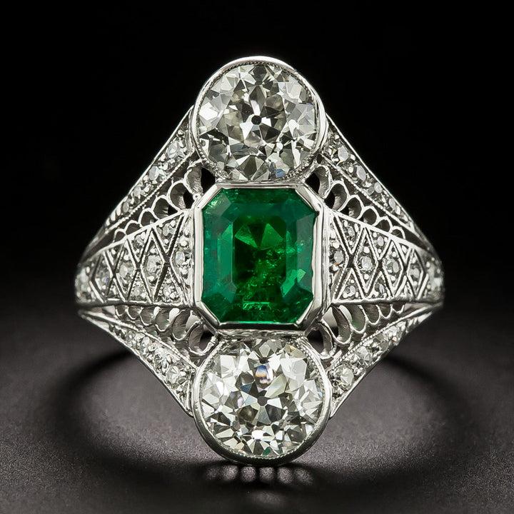 Art Deco Emerald and Diamond Three-Stone Dinner Ring - GIA