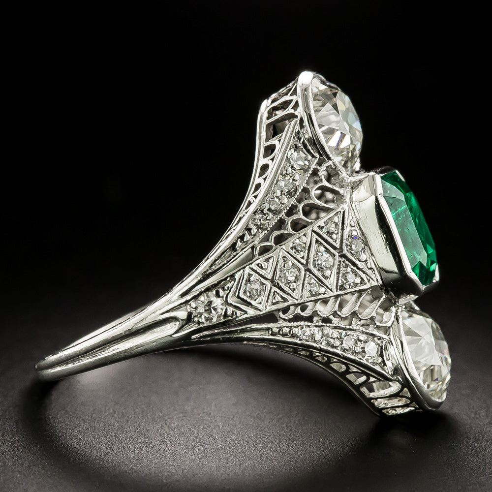 Art Deco Emerald and Diamond Three-Stone Dinner Ring - GIA - 3