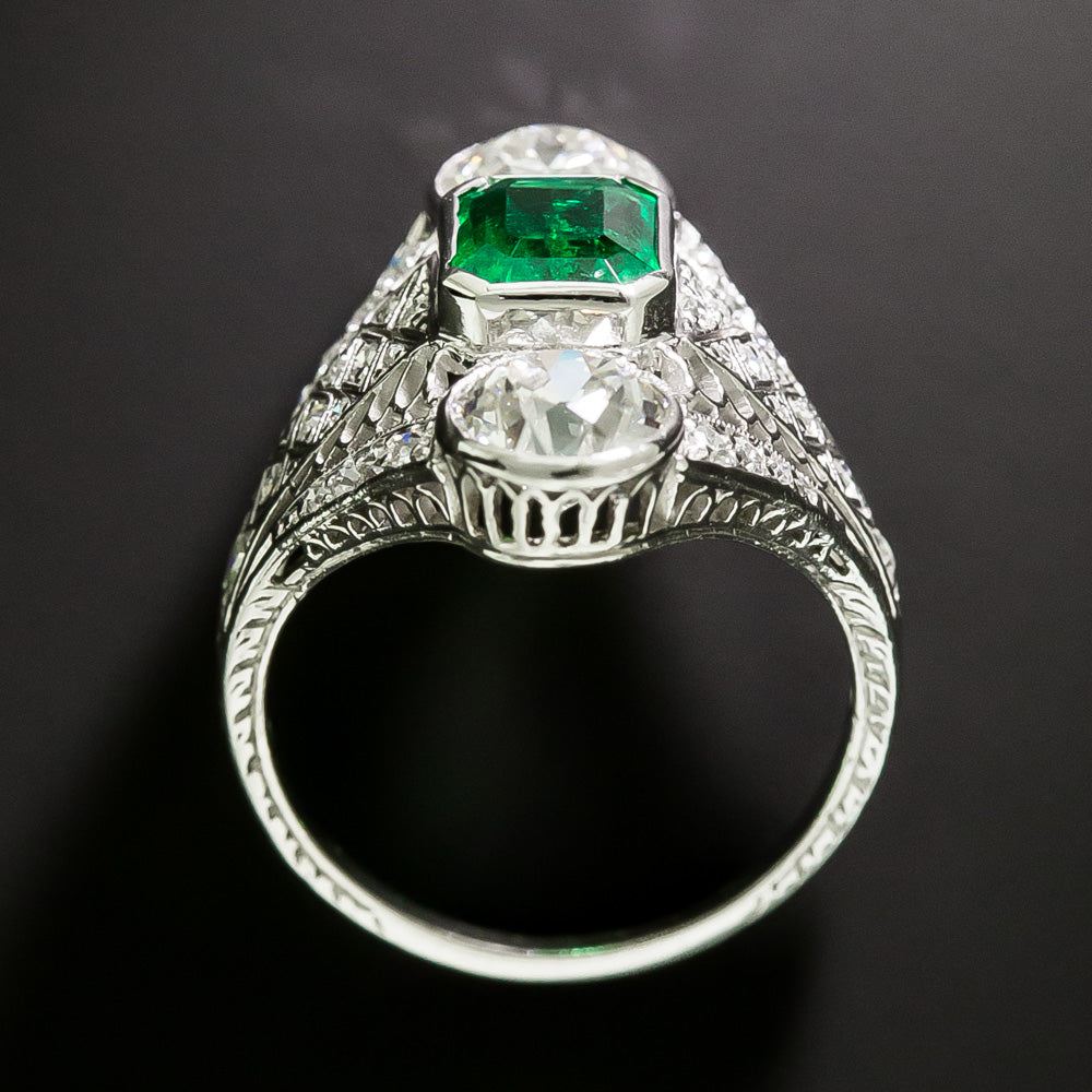 Art Deco Emerald and Diamond Three-Stone Dinner Ring - GIA - 4