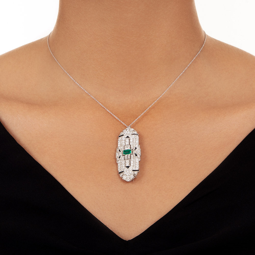 Art Deco Emerald, Diamond and Onyx Pendant/Brooch - 10