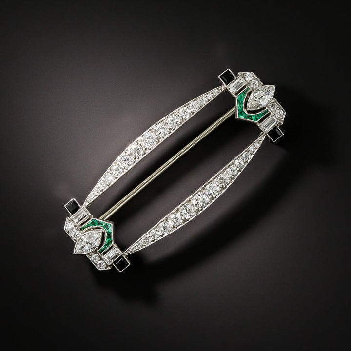 Art Deco Emerald, Onyx, and Diamond Brooch