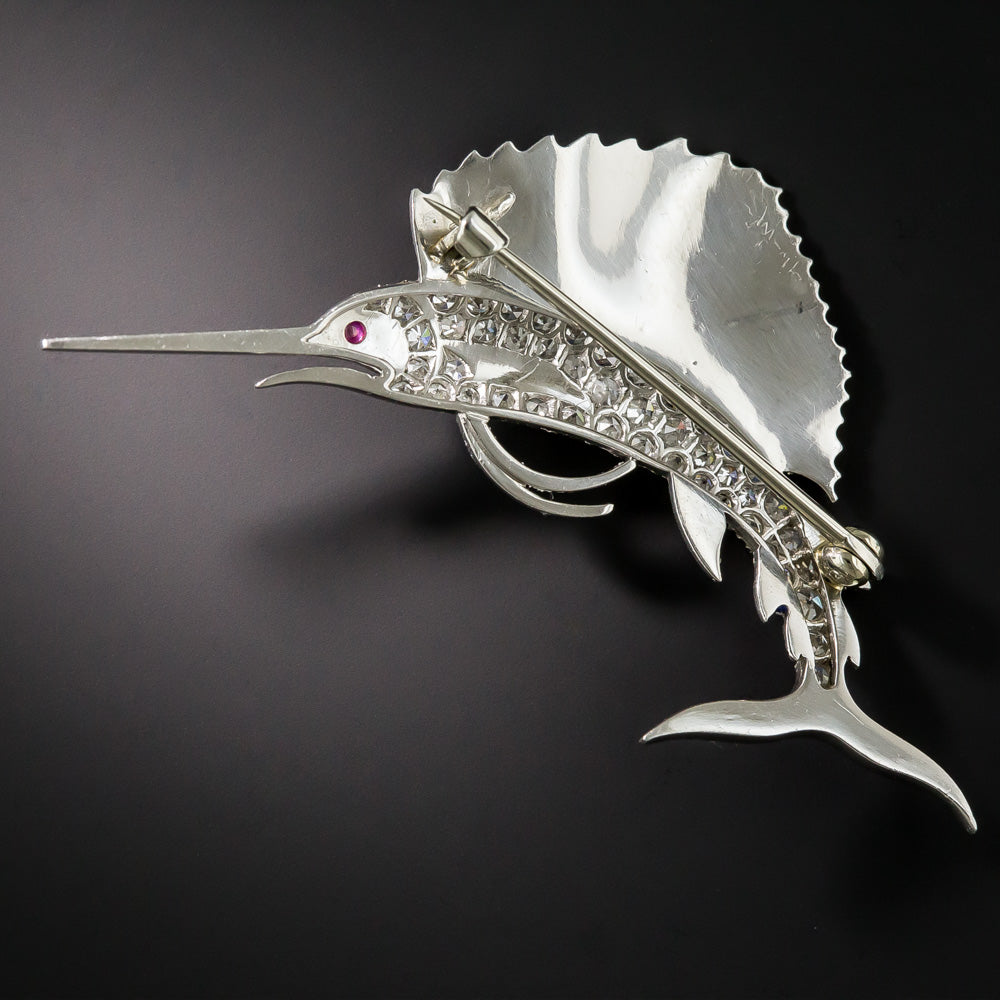 Art Deco Enamel and Diamond Sailfish Brooch - 6