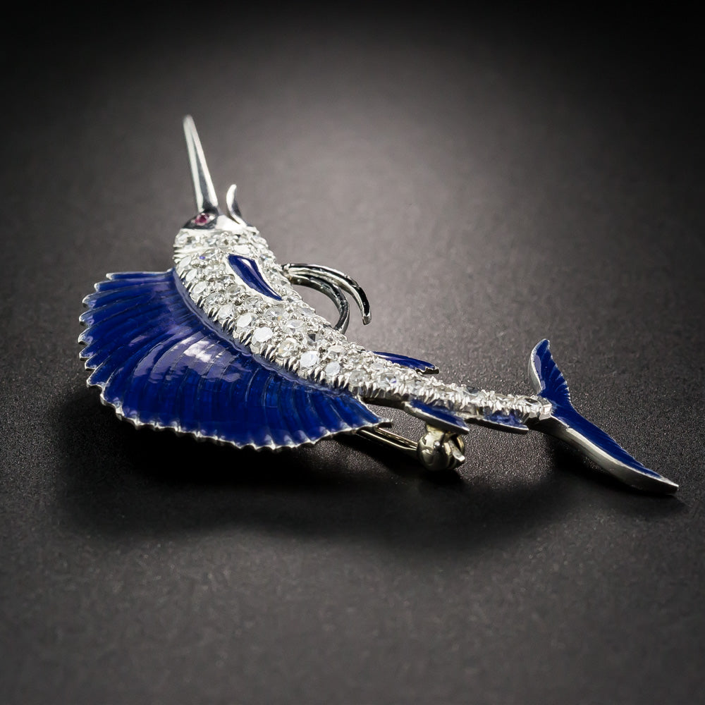 Art Deco Enamel and Diamond Sailfish Brooch - 7