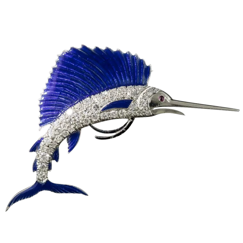 Art Deco Enamel and Diamond Sailfish Brooch - 6