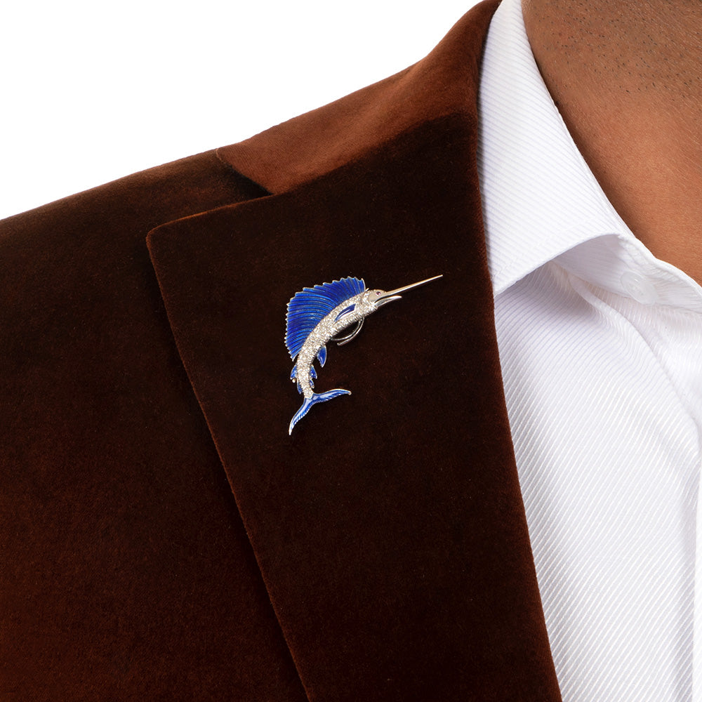 Art Deco Enamel and Diamond Sailfish Brooch - 6