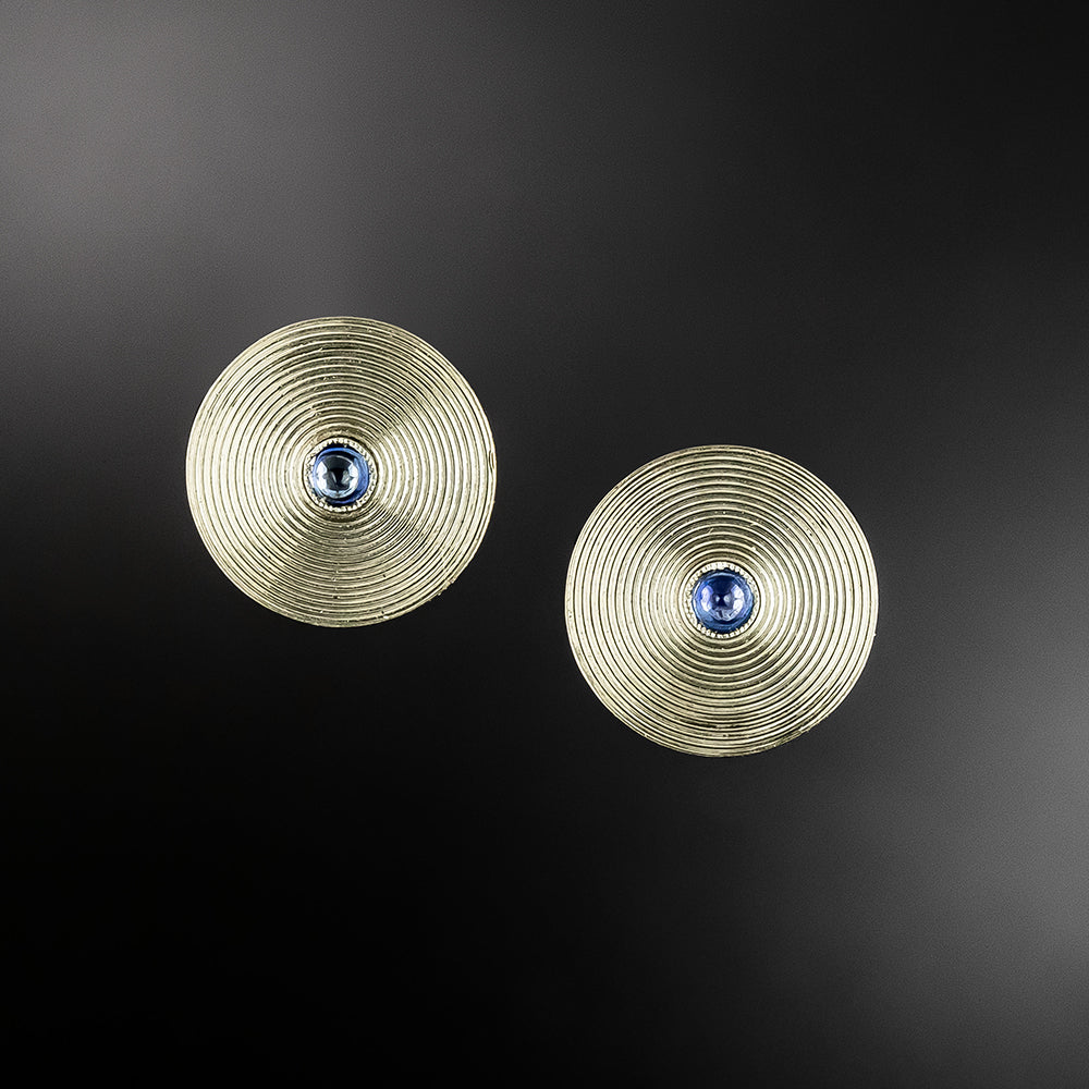 Art Deco Engraved Disk Earrings with Cabochon Sapphires - 2
