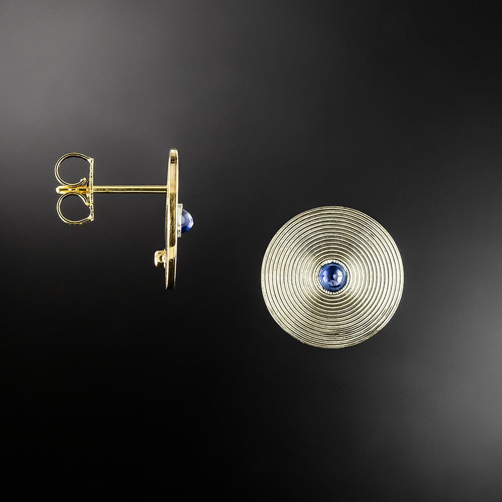 Art Deco Engraved Disk Earrings with Cabochon Sapphires - 3