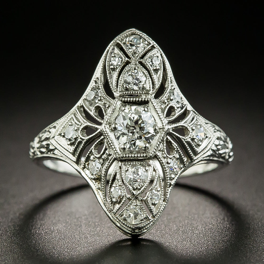 Art Deco Engraved Three-Stone Diamond Dinner Ring - 1