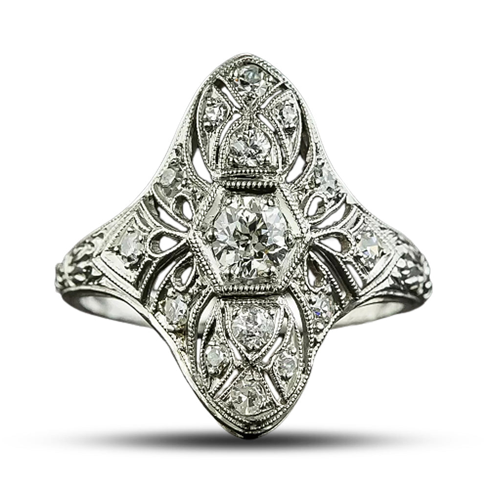 Art Deco Engraved Three-Stone Diamond Dinner Ring - 5