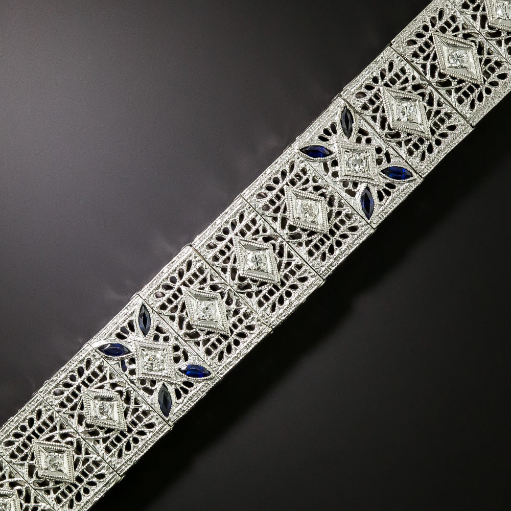 Art Deco Filigree Diamond and Sapphire* Bracelet, by J.J. White Company - 2