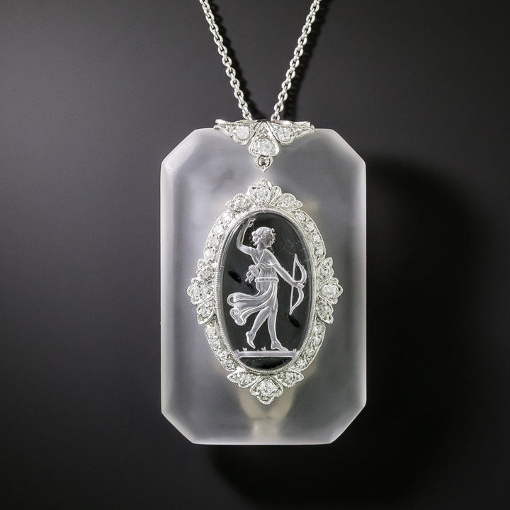 Art Deco Frosted Crystal and Diamond Intaglio Goddess Pendant/Clip